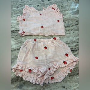 Pink Chicken Strawberry Embroidered Short Set Pink Red Size 18-24